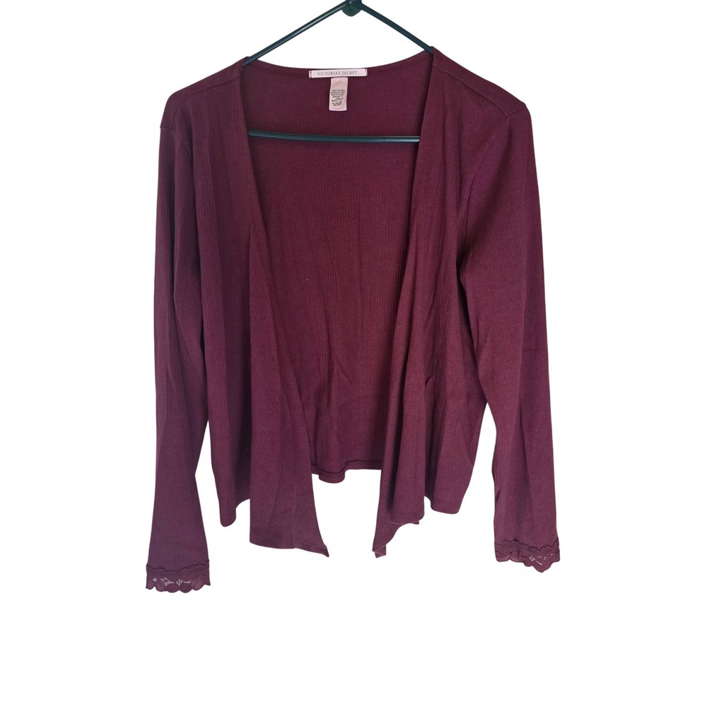 Victoria's Secret Ribbed Open Front Cardigan Burgundy Lace Trim XL Long Sleeve